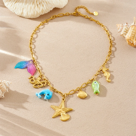 Ocean Theme Multi Charm Necklace With 304 Stainless Steel Chain Mermaid Tail Seahorse Starfish Colorful Enamel Jewelry For Women