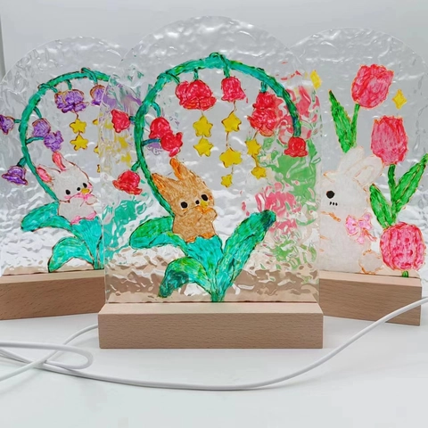 Veilleuse DIY Peinture Tulipe Socle En Bois Alimentation USB Acrylique Ondulation De L'eau Lampe De Table Décorative Cadeau Créatif
