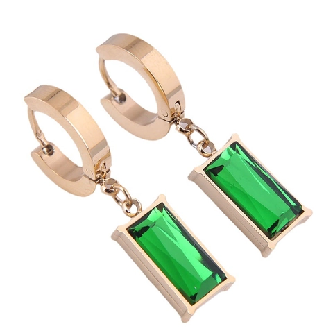 Emerald Green Rectangle Gemstone Jewelry Titanium Steel Snake Chain Necklace Hoop Earrings Retro Elegant Women