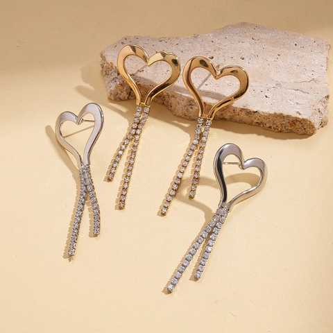 Orecchini Pendenti A Cuore Cavo Con Lunghe Nappine Di Zircone E Perno In Argento Sterling 925 Per Donna Moda Minimalista