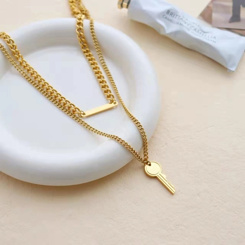 Layered Key And Bar Pendant Necklace Stainless Steel Gold Plated Hip Hop Vintage Style Minimalist Jewelry For Women Men