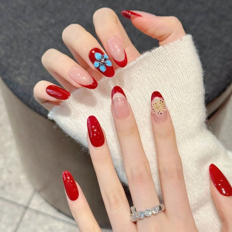 Handmade Press On Nails Red French Tip Almond Shape 3D Embossed Floral Design High Gloss Elegant Reusable Manicure