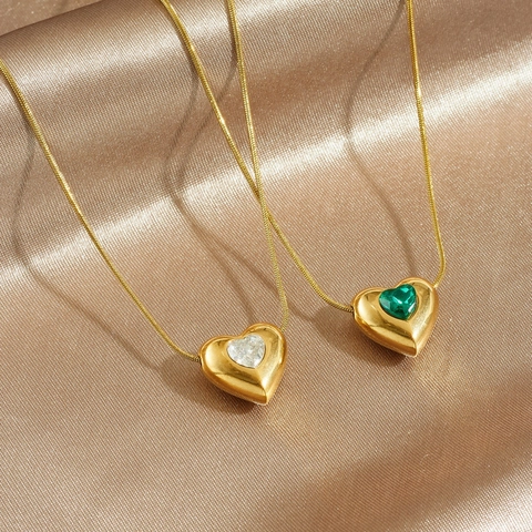 Collar Con Colgante De Corazón Acero Inoxidable Chapado En Oro Cadena De Serpiente Diamantes De Imitación Coloridos Joyería Para Mujer