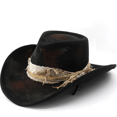 Vintage Western Cowboy Hoed Distressed Polyester Vilt Brede Rand Fedora Met Touw En Gerafelde Stoffen Band Outdoor