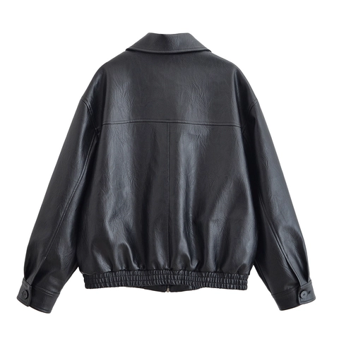 Damen Locker PU Lederjacke Herbst Streetwear Westlicher Stil Revers Reißverschluss Baseball Uniform Outdoor Schwarz Jacke