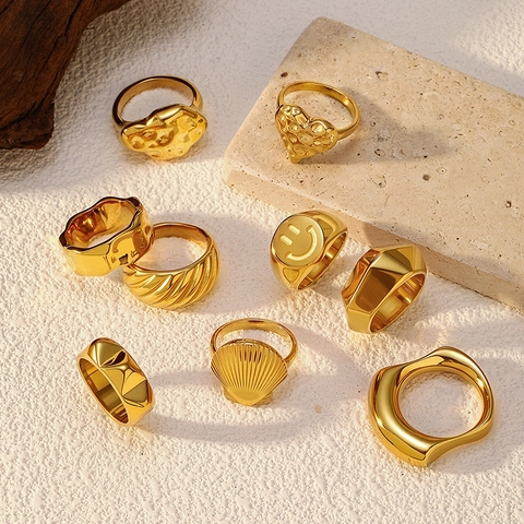Anello In Acciaio Inossidabile Vintage Texture Martellata Irregolare Placcato Oro Gioielli Geometrici Per Donne