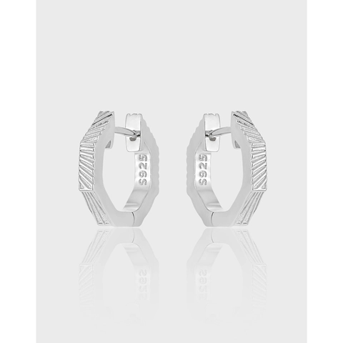 925 Sterling Zilveren Zeshoek Huggie Oorbellen Voor Vrouwen Minimalistische Geometrische Geribbelde Textuur Ring Oorbellen