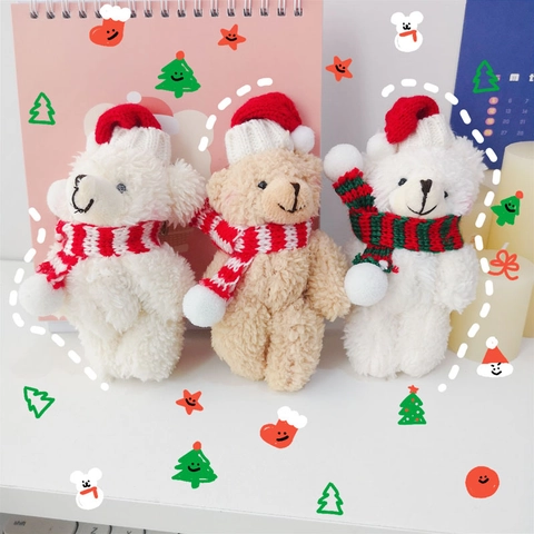 Cute Christmas Mini Plush Teddy Bear Doll Soft Articulated Animal Keychain Bag Charm Holiday Gift Party Decoration
