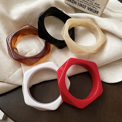 Brazalete Hexagonal De Resina Geométrico Mármol Ámbar Transparente Moda Joyería Mujer Minimalista Irregular