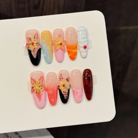 Handmade 3D Flower Relief Water Drop Gradient Island Style Press On Nails Long Almond Shape Multi Color Artistic Fake Nails Kit Women
