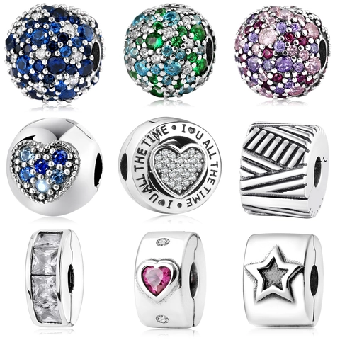 925 Sterling Silver Clip Charm Beads Heart Star Sparkling Cubic Zirconia Spacer Beads For DIY Bracelet Necklace Making
