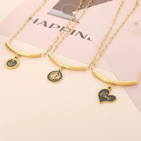 Set Collana Bracciale in Acciaio Inossidabile a Catena a Graffetta per Donna Oro Argento Smalto Cuore Amore Ancora Gioielli