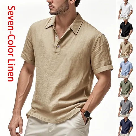Polo Da Uomo A Maniche Corte In Misto Lino Traspirante Slim Fit Casual Estate Spiaggia Vacanze Tops Colletto A Revers Bottoni