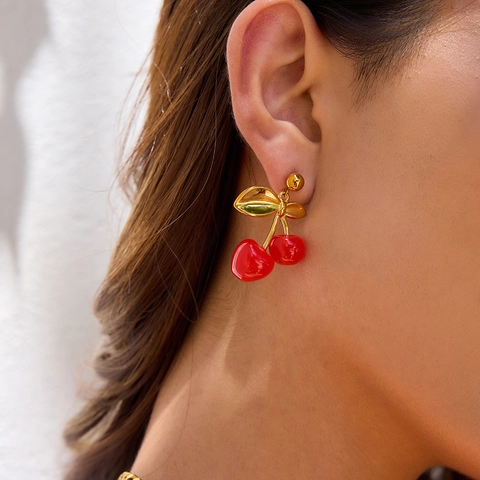 Pendientes De Cereza Chapados En Oro Acero Inoxidable Resina Roja Joyería Frutas Mujer Verano