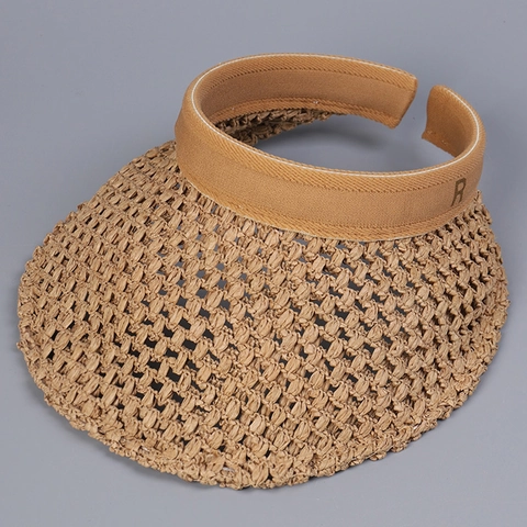 Visière De Paille Femme Large Bord Crochet Protection Solaire Lettre R Vide Dessus Respirant Plage Extérieur Été