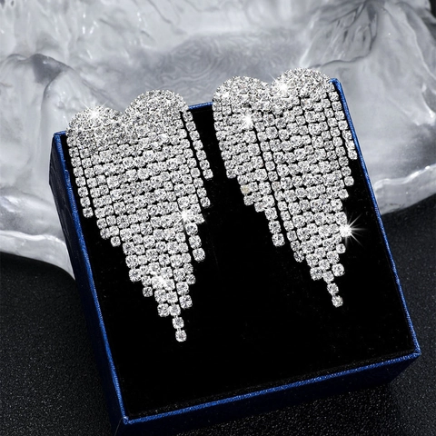 Rhinestone Herz Quaste Ohrhänger Glänzende Kupfer Kristall Fransen Tropfen Ohrringe Glamouröser Party Schmuck Damen