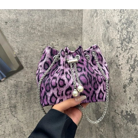 Leopard Print Drawstring Bucket Bag With Artificial Pearl Decor Metal Chain Strap Women Fashion Small Crossbody Bag