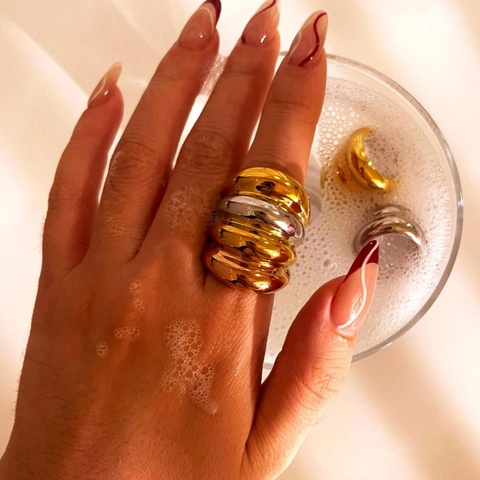 Anillo Nervado De Capas Múltiples Acero Inoxidable 316L Chapado En Oro 18K Ancho Estilo Croissant Para Mujer Minimalista Vintage