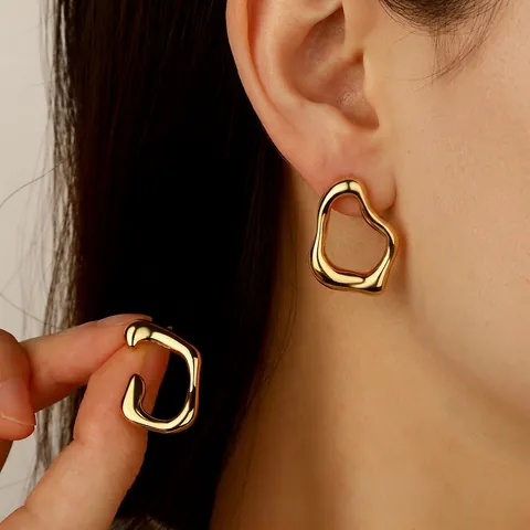 Irregular Geometric Asymmetric Stainless Steel Stud Earrings Liquid Metal French Minimalist Retro Style For Women