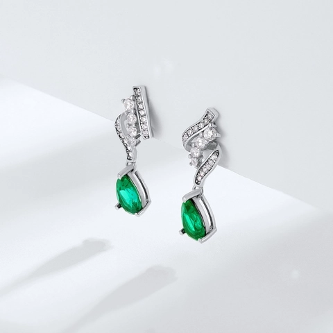 Pendientes de Gota de Plata de Ley 925 con Esmeralda Creada en Laboratorio para Mujer Diseño de Onda con Circonia Incrustada Joyería