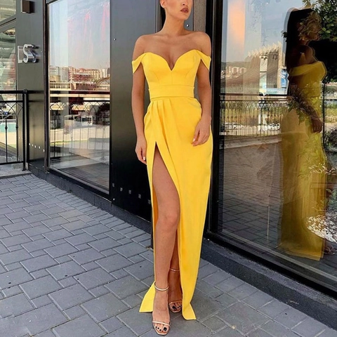 Sexy Off-Shoulder V-Ausschnitt Abendkleid Hoher Schlitz Ärmellos Bodenlang Elegantes Partykleid Für Damen