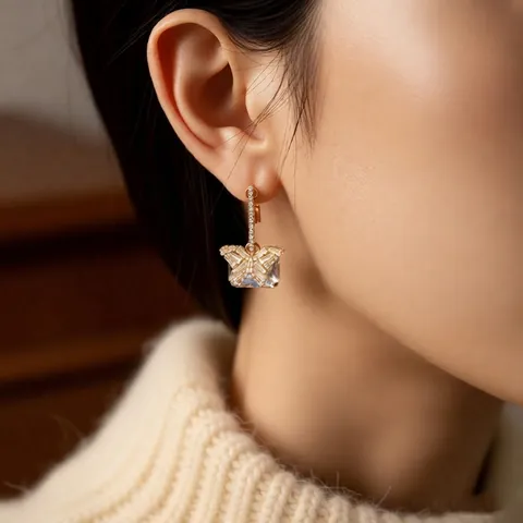 Boucles D'oreilles Pendentif Papillon Avec Tige En Argent Cuivre Cristal Rectangulaire Zircone Mode Luxe