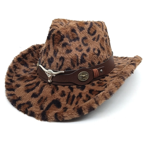 Cappello Da Cowboy Occidentale Stampa Leopardata Pelliccia Sintetica Retro Vintage Tesa Larga All Aperto Inverno Caldo Con Decoro Testa Di Toro In Metallo Unisex