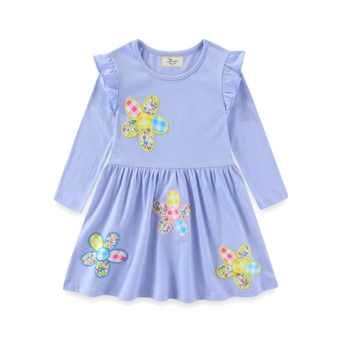 Vestido Niñas Lavanda Algodón Manga Larga Hombro Volantes Patchwork Floral Casual Línea A