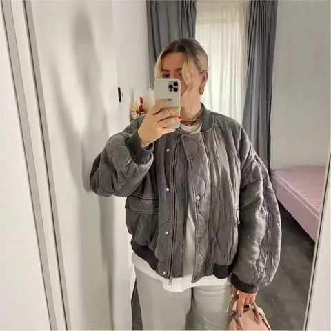 Chaqueta Bomber Acolchada Para Mujer Diseño Ondas Corte Holgado Vintage Casual Abrigo Cálido Con Botones De Presión Y Bolsillos