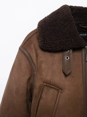 Women Faux Suede Shearling Aviator Jacket Warm Lapel Zipper Short Coat Autumn Winter Streetwear Brown Fashion Outerwear