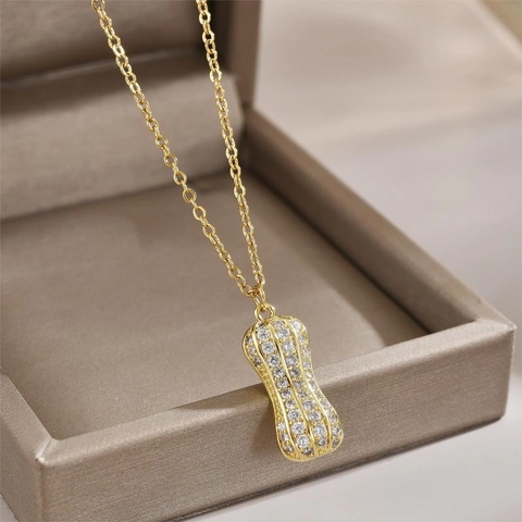 Collier Pendentif Cacahuète et Ovale en Acier Inoxydable Cuivre Incrusté de Zirconia pour Femmes Hommes Bijoux