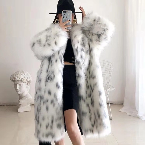 Women Elegant Leopard Spotted Faux Fur Coat Long Lapel Collar Thick Warm Outerwear Winter Streetwear Fashion Overcoat