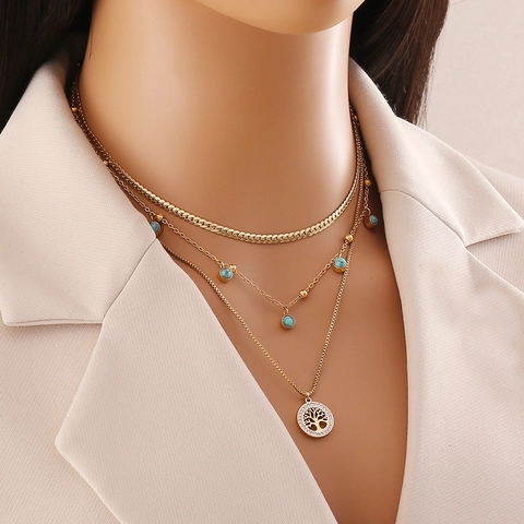 Tree Of Life Multi-Layer Necklace Stainless Steel Gold Plated Turquoise Crystal Pendant Jewelry For Women