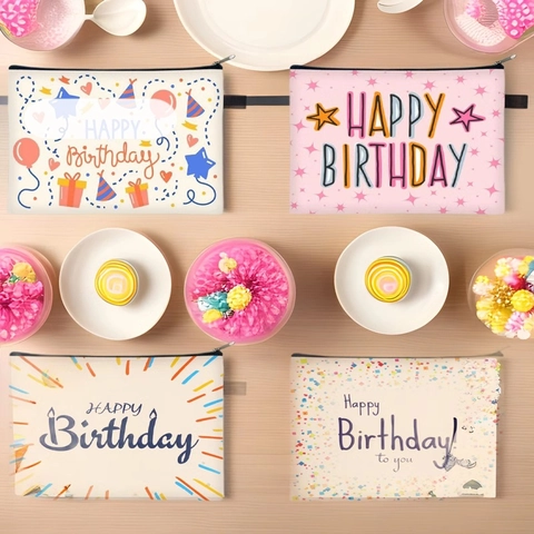 Happy Birthday Print Cosmetic Bag Polyester Large Makeup Pouch For Women Travel Daily Storage Zipper Bag Floral Pattern