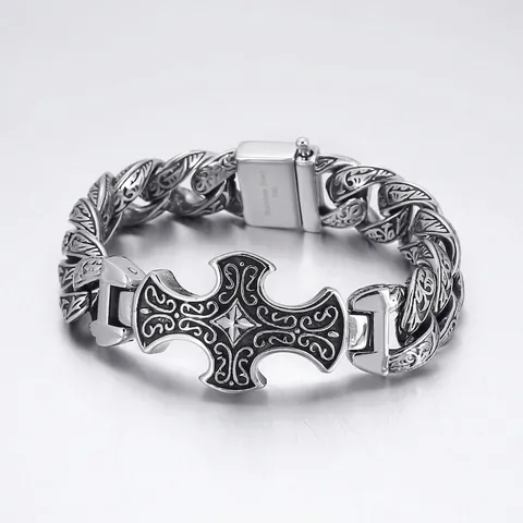 Bracciale A Croce Gotica Vintage Da Uomo Acciaio Inossidabile 316L Retrò Intagliato Floreale Catena Punk Biker Gioielli