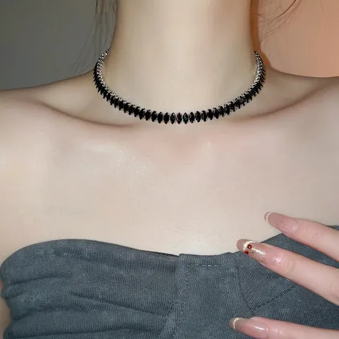 Marquise Zwarte Zirkoon Choker Ketting Verzilverd Koper Geometrische Ruit Sleutelbeenketting Minimalistische Sieraden