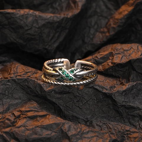 Vintage Double Layer Twist Braided Open Ring Copper Cubic Zirconia Inlaid Adjustable Jewelry For Women Retro Style