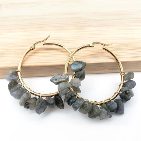 Handgefertigt Edelstahl Naturstein Ohrringe Drahtgewickelt Mondstein Amethyst Große Runde Ohrringe Damen Boho Schmuck
