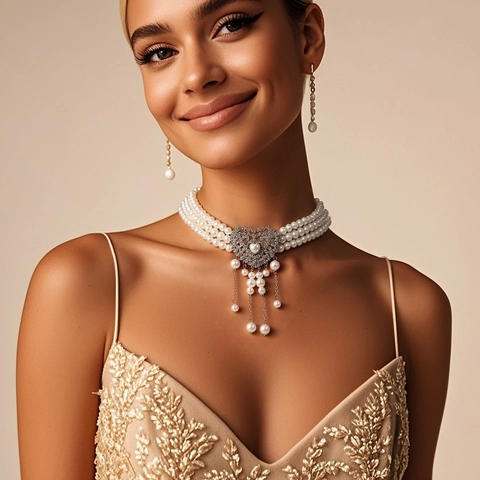 Lussuosa Collana Con Ciondolo a Cuore in Perle Artificiali e Lega Nappa in Strass Choker a Più Strati per Donna Gioielli Eleganti