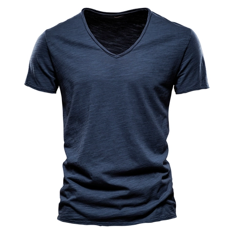 Herren Slub Baumwolle T-Shirt Kurzarm Einfarbig Atmungsaktiv Slim Fit Casual Sommer Top V-Ausschnitt Rundhals