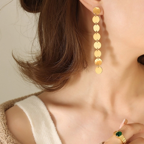 Stainless Steel Round Disc Long Dangle Earrings For Women Bali Style Geometric Minimalist Matte Glossy Finish Jewelry