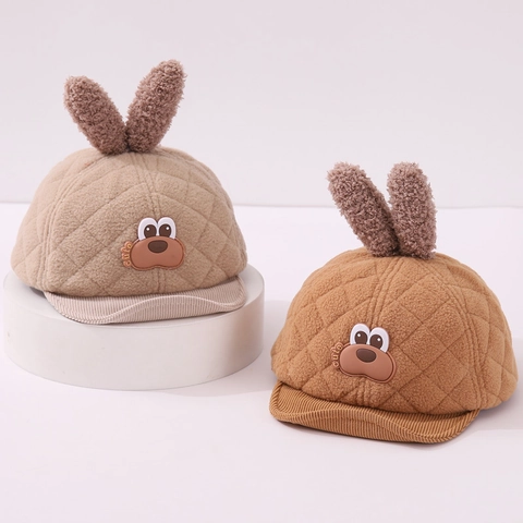 Baby Plush Baseball Cap Quilted Warm Winter Hat With Rabbit Ears Cartoon Dog Pattern Corduroy Brim For Toddlers Infants