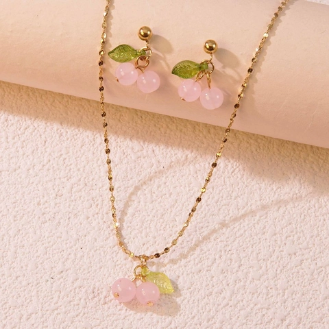 Sweet Cherry Shape Jewelry For Women Stainless Steel Titanium Steel Fruit Necklace Stud Earrings Non-Fading