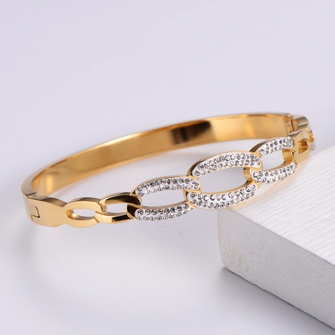 Geometric Chain Link Bangle 316L Stainless Steel 18K Gold Plated Open Cuff Bracelet Rhinestone Inlay Jewelry For Women