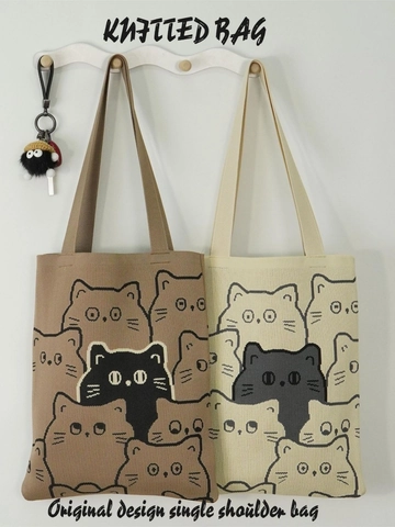 Gestrickte Tragetasche Polyester Große Kapazität Cartoon Katze Panda Muster Schulterhandtasche Wiederverwendbar Casual