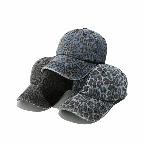 Leopard Print Baseball Cap Washed Cotton Distressed Sun Hat Casual Streetwear Adjustable For Men Women