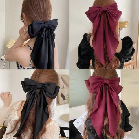 Oversized Satin Bow Hair Clip French Retro Double Layer Long Ribbon Streamer Spring Barrette For Women Girls