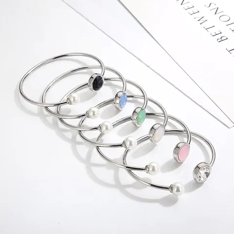 Stainless Steel Open Cuff Bangle Bracelet For Women With Shell Artificial Pearl And Colorful Glass Crystal Fashion Jewelry