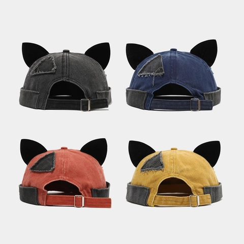 Berretto Docker In Cotone Lavato Retrò Con Orecchie Di Gatto Cappello Senza Visiera Consumato Per Uomo Donna Regolabile Streetwear