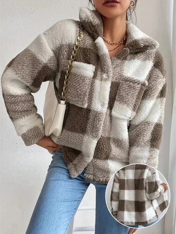 Chaqueta Sherpa De Cuadros Mujer Forro Polar Solapa Manga Larga Botones Bolsillo Casual Cálido Invierno Exterior